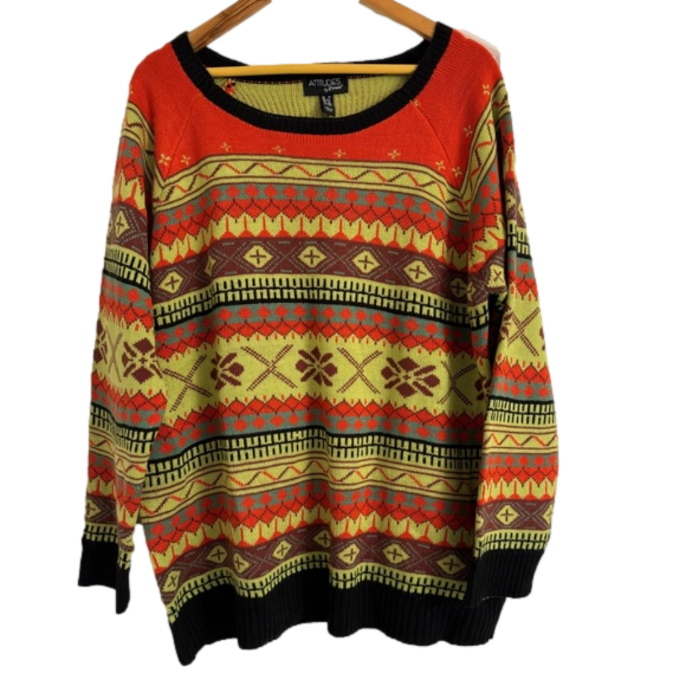 NWT Attitudes by Renee Global Illusions Fair Isle Sweater Chartreuse Women’s 1X